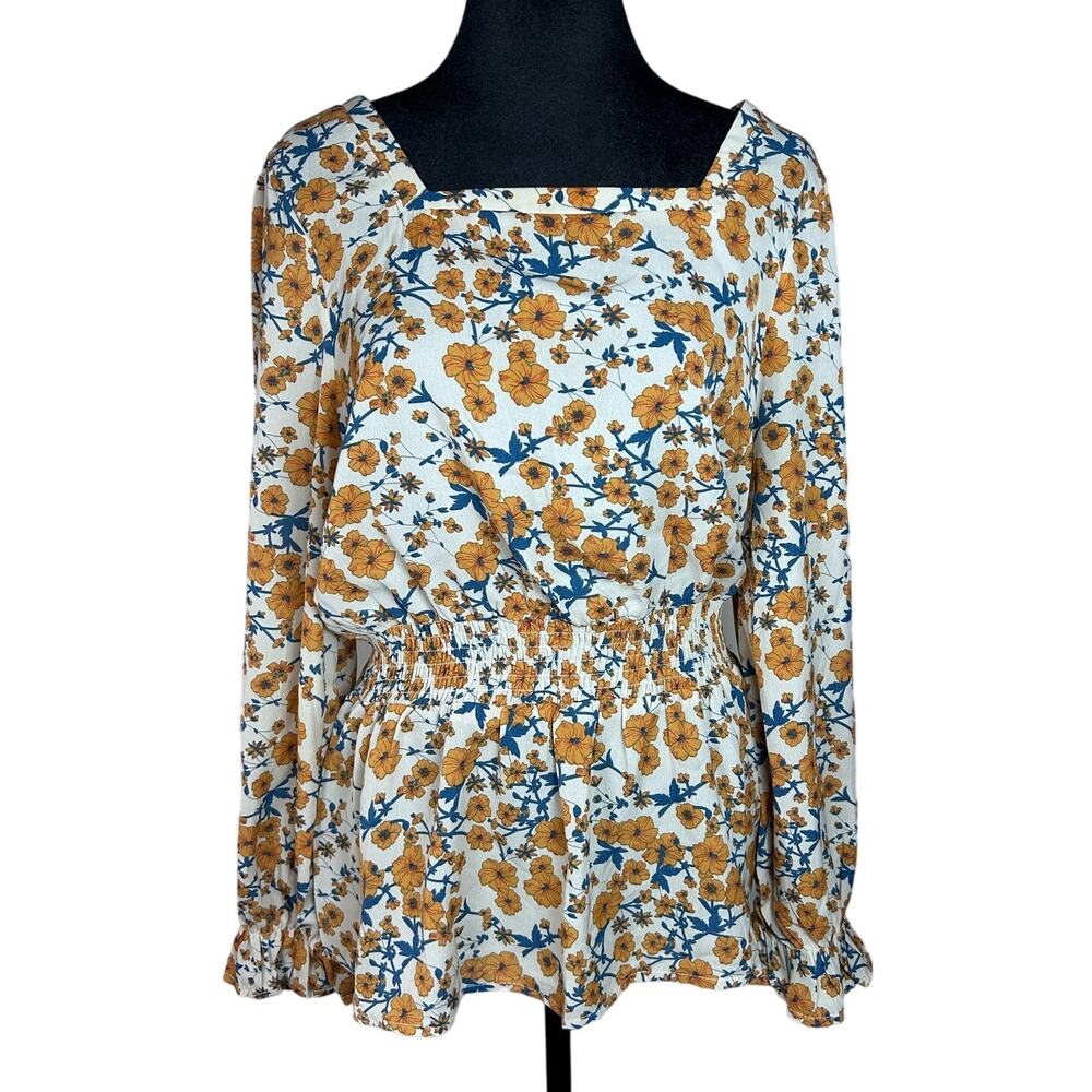 Hayden Square Neck Floral Long Sleeve Top Size M Taupe w Golden Yellow Floral